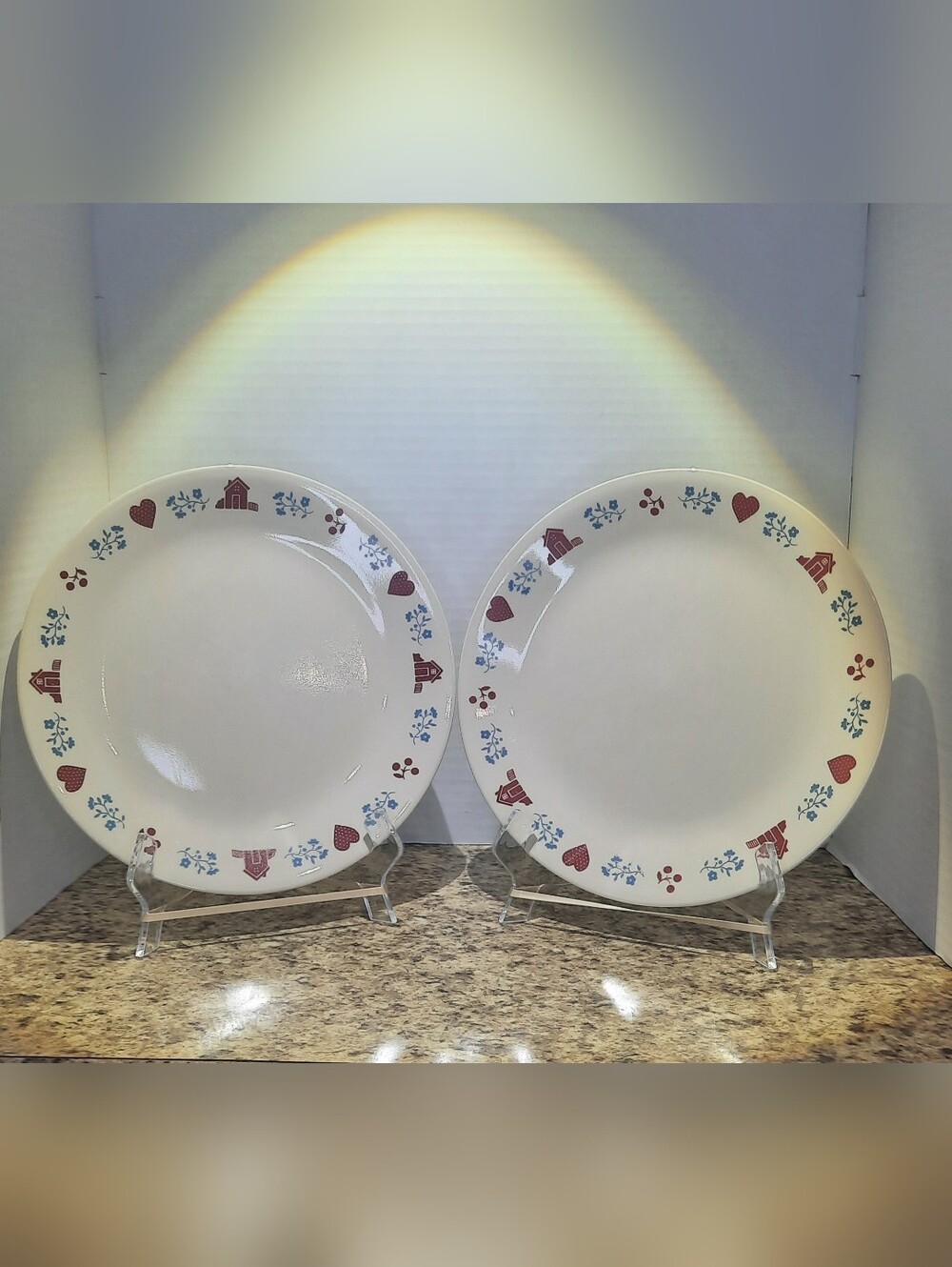 Corelle White Dinner Plates with Red Hearts & Blue Floral Border - Set of 2